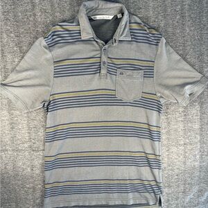 Travis Mathew Mens Small Golf Polo Shirt Gray Blue Yellow Stripe Pocket
